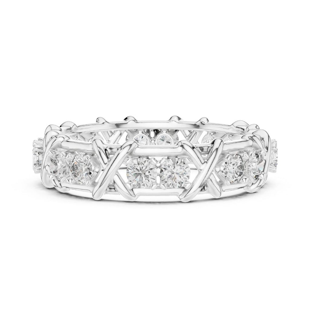 Silver ring with moissanite diamond accents on a white background