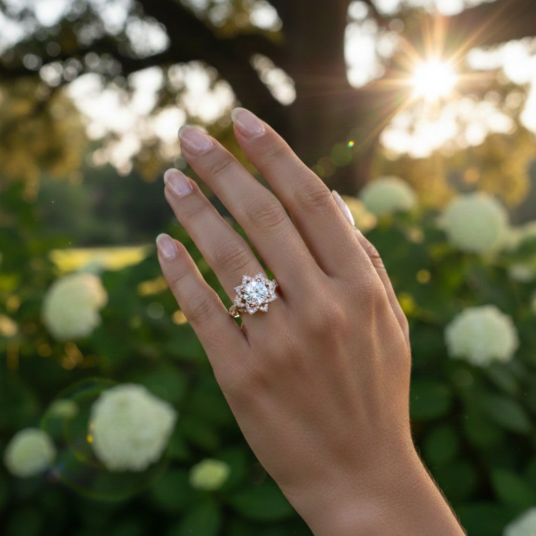 Hand wearing a moissanite diamond ring with a blurred floral background