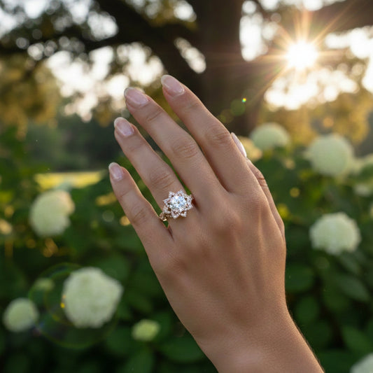 Hand wearing a moissanite diamond ring with a blurred floral background