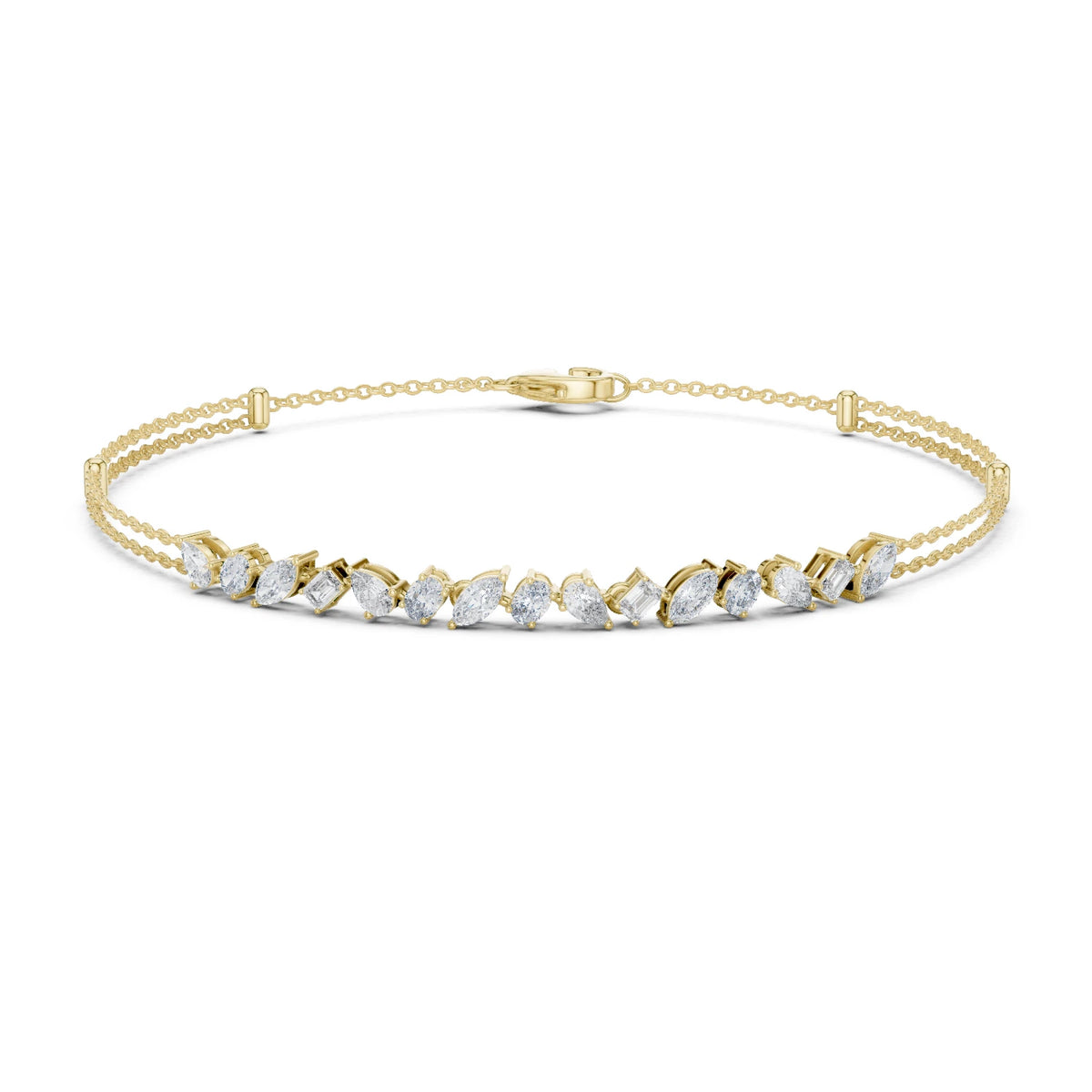 Gold bracelet with clear moissanite stones on a white background