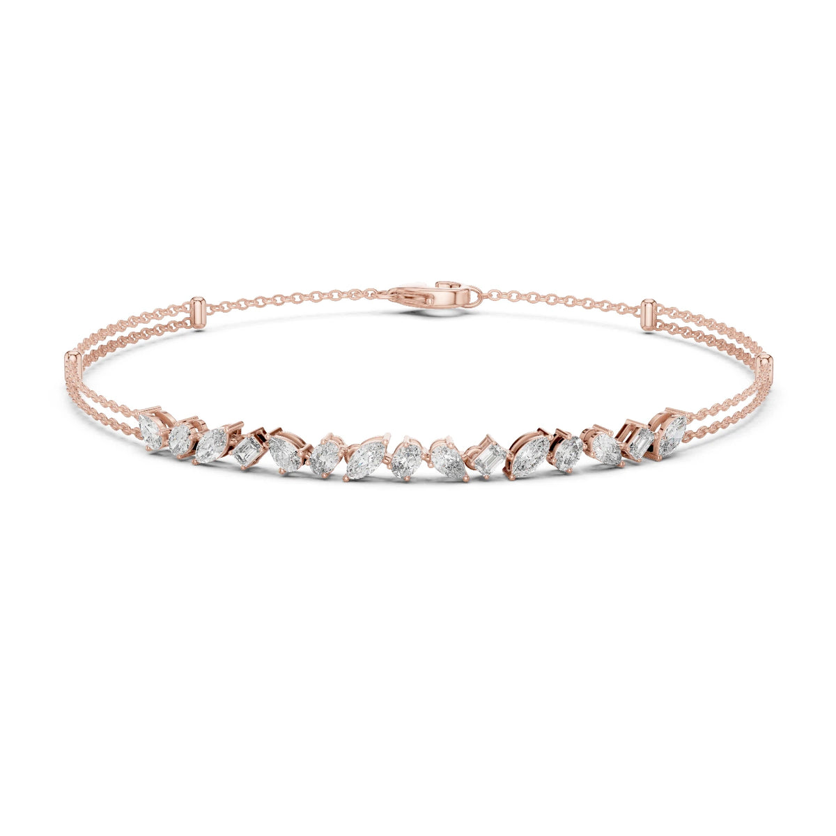 Rose gold bracelet with Moissanite diamonds on a white background