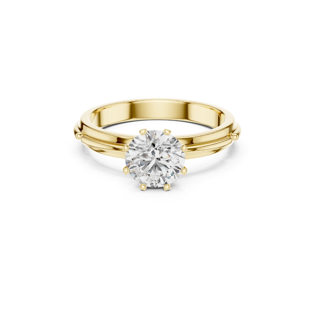 Gold ring with a 1ct Moissanite diamond on a white background