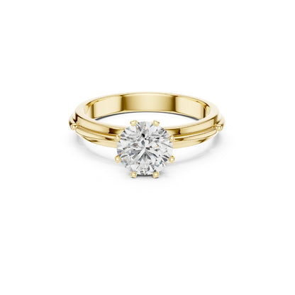 Gold ring with a 1ct Moissanite diamond on a white background
