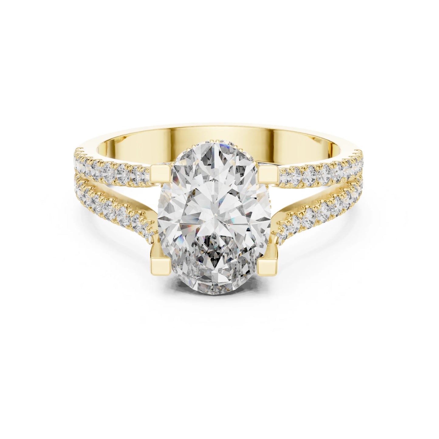 Gold ring with a large moissanite diamond and smaller diamonds on the band against a white background