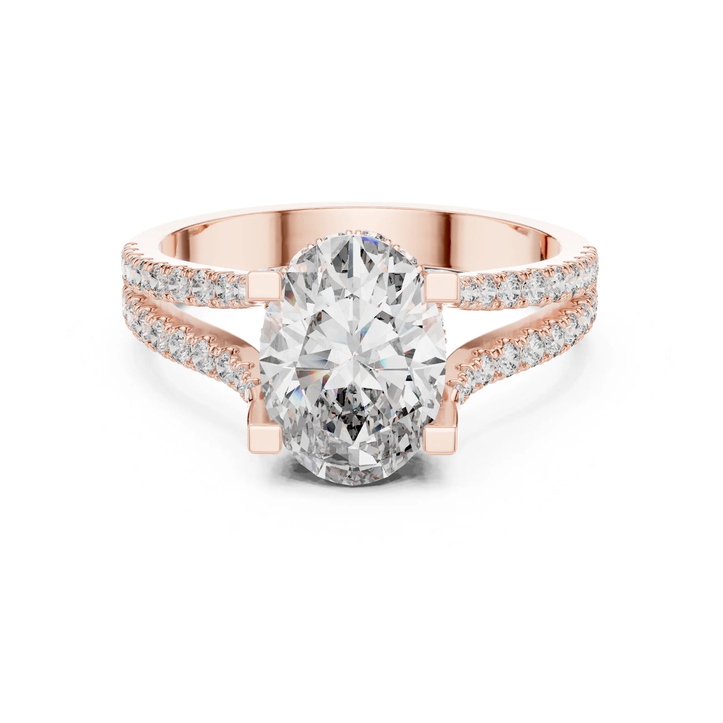 Rose gold ring with a large moissanite  diamond and smaller diamonds on the band against a white background