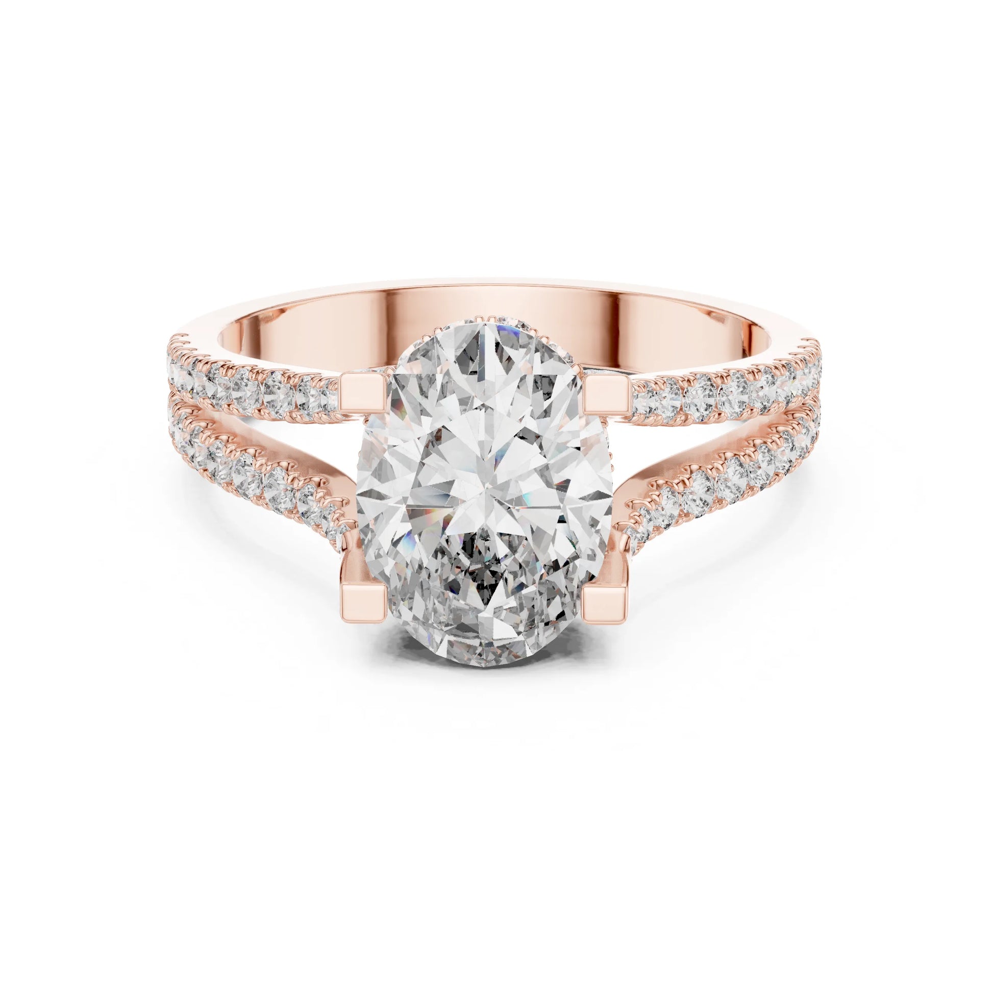 Rose gold ring with a large moissanite  diamond and smaller diamonds on the band against a white background