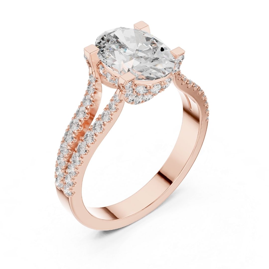 Rose gold ring with a large moissanite  diamond and smaller diamonds on the band against a white background