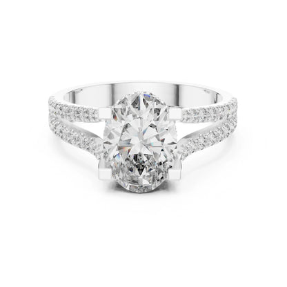 moissanite Diamond ring with a pear-shaped center stone on a white background