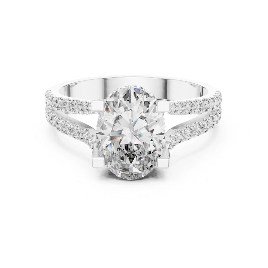 moissanite Diamond ring with a pear-shaped center stone on a white background