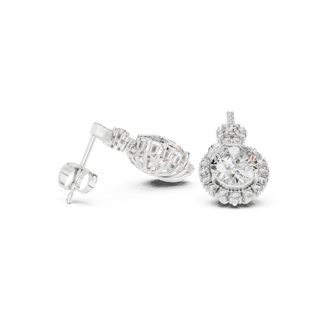 Pair of moissanite diamond earrings on a white background