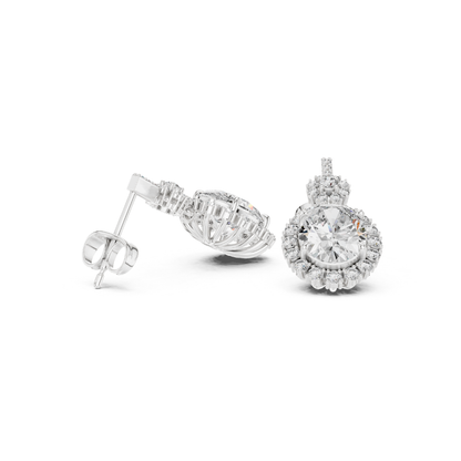Pair of moissanite diamond earrings on a white background