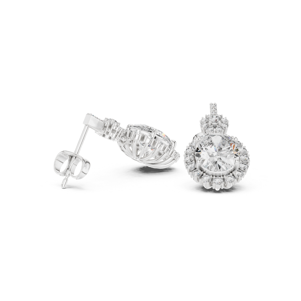 Pair of moissanite diamond earrings on a white background