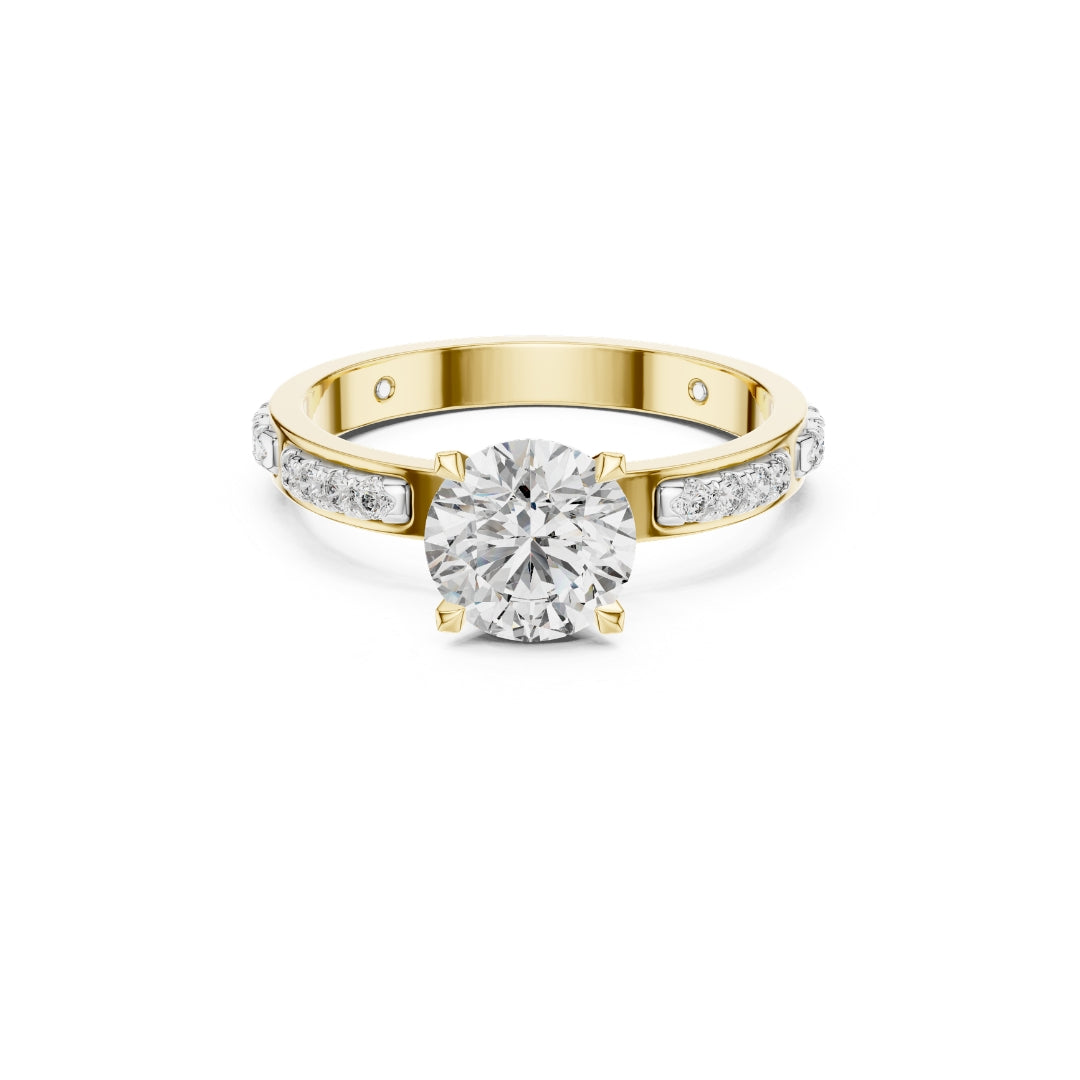Gold ring with a Moissanite diamond on a white background
