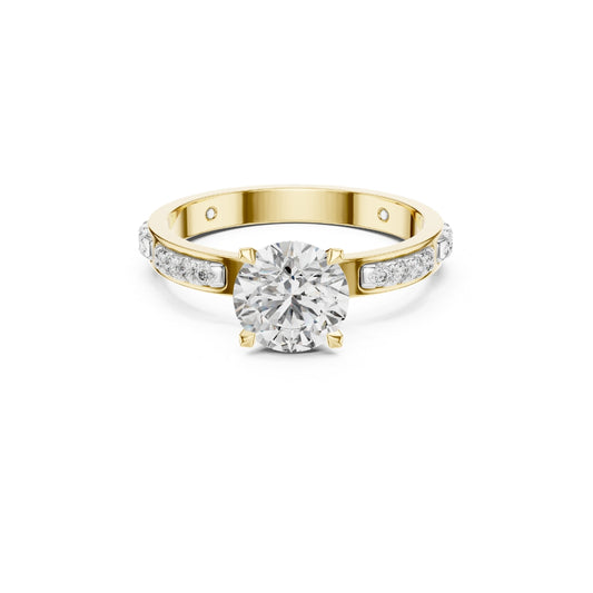 Gold ring with a Moissanite diamond on a white background
