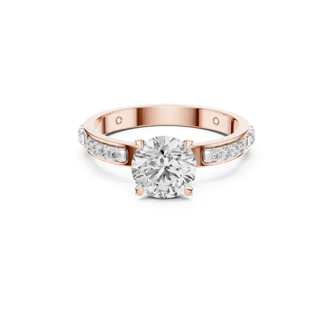 Rose gold ring with a 1ct Moissanite diamond on a white background