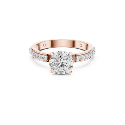 Rose gold ring with a 1ct Moissanite diamond on a white background