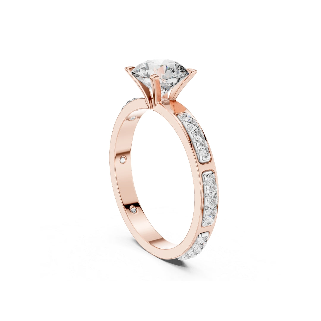 Rose gold ring with Moissanite diamonds on a white background