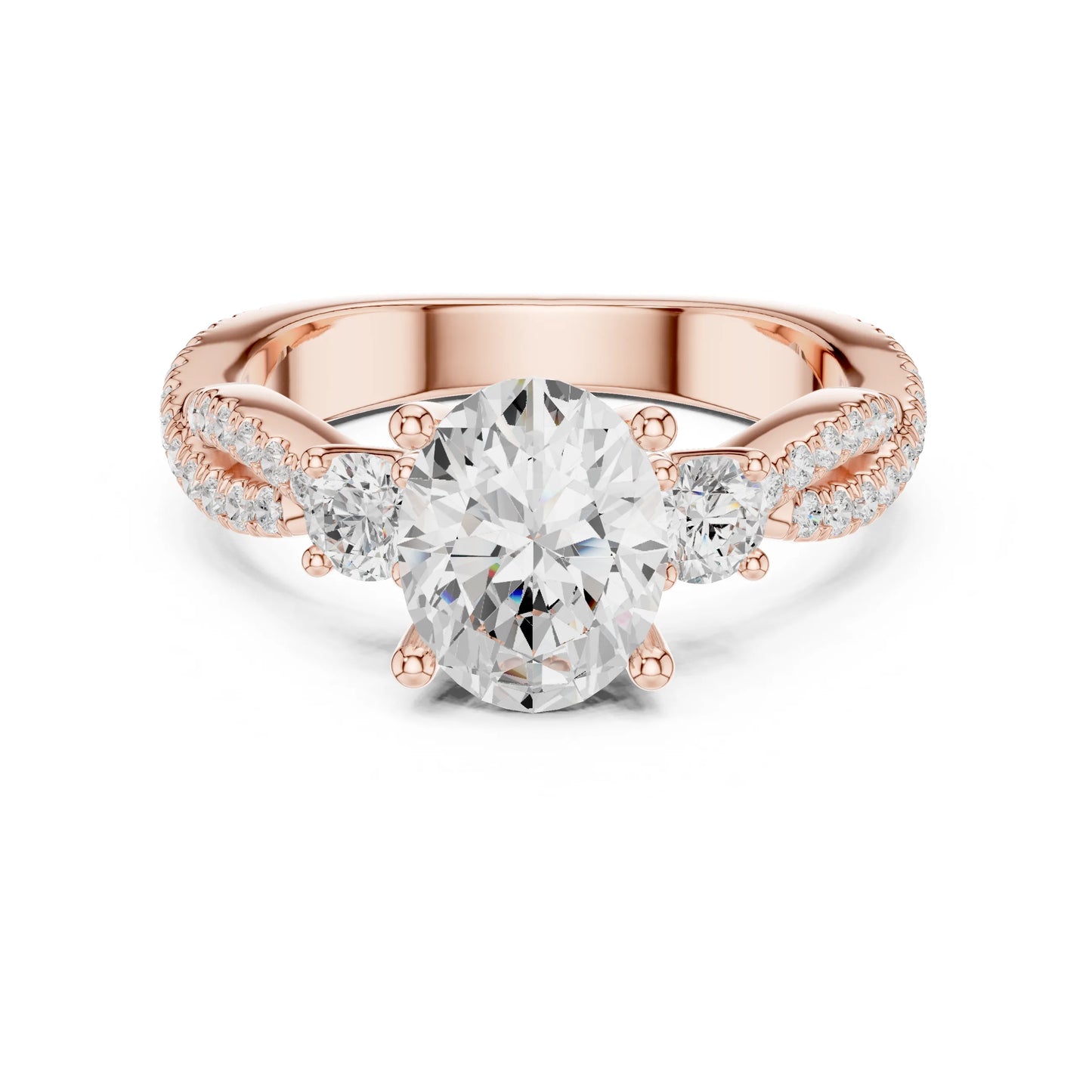 Rose gold ring with a large moissanite diamond and smaller diamonds on the band against a white background
