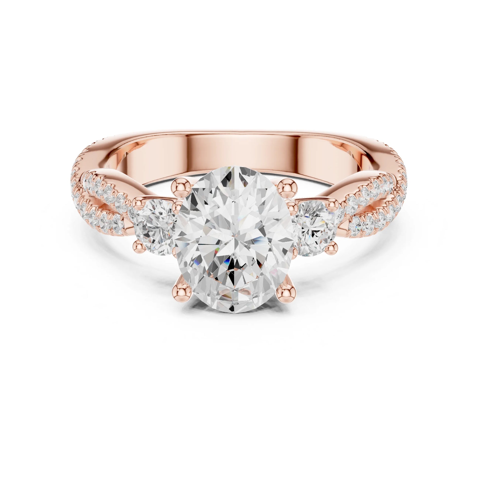 Rose gold ring with a large moissanite diamond and smaller diamonds on the band against a white background