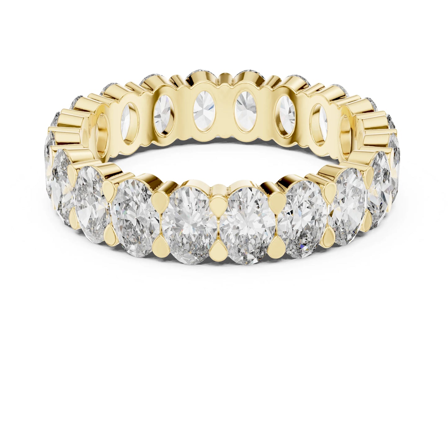 Gold ring with clear moissanite gemstones on a white background