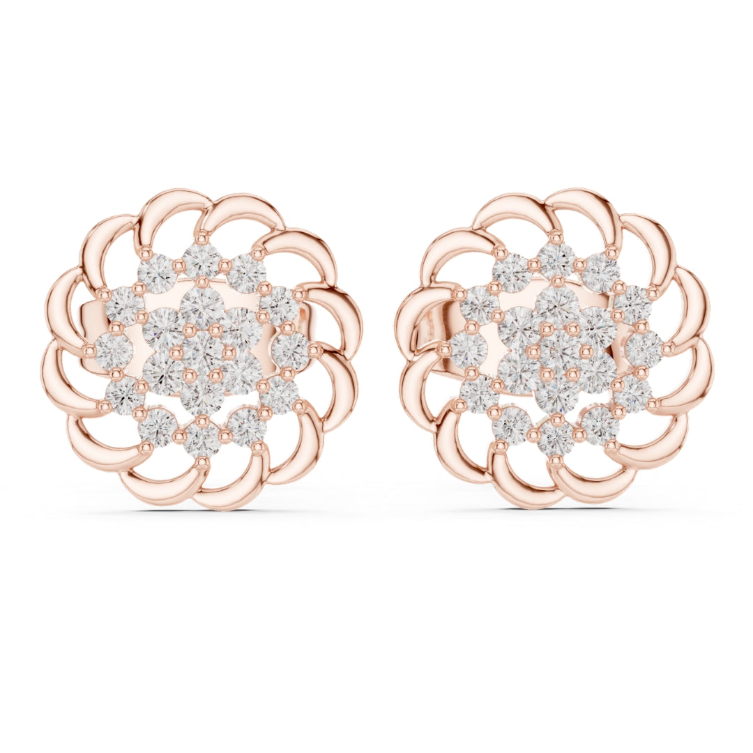 Rose gold earrings with Moissanite  diamond accents on a white background