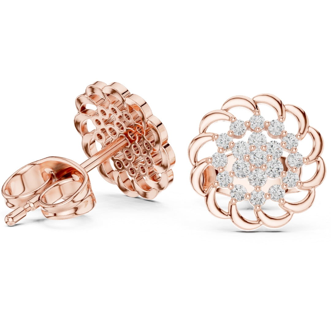 Rose gold earrings with moissanite diamond-studded design on a white background
