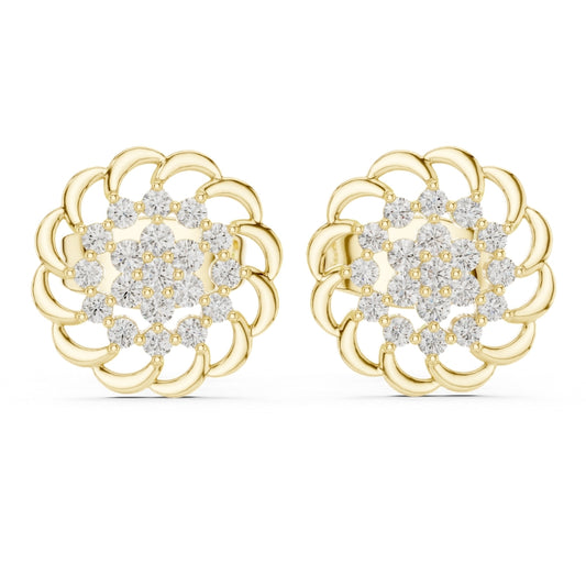 Gold earrings with moissanite diamond accents on a white background
