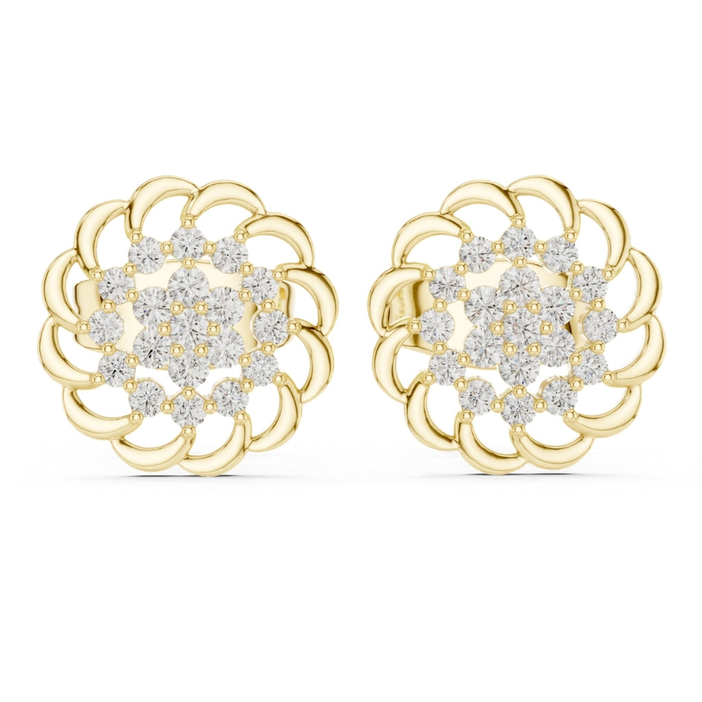 Gold earrings with moissanite diamond accents on a white background
