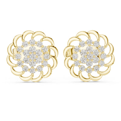 Gold earrings with moissanite diamond accents on a white background