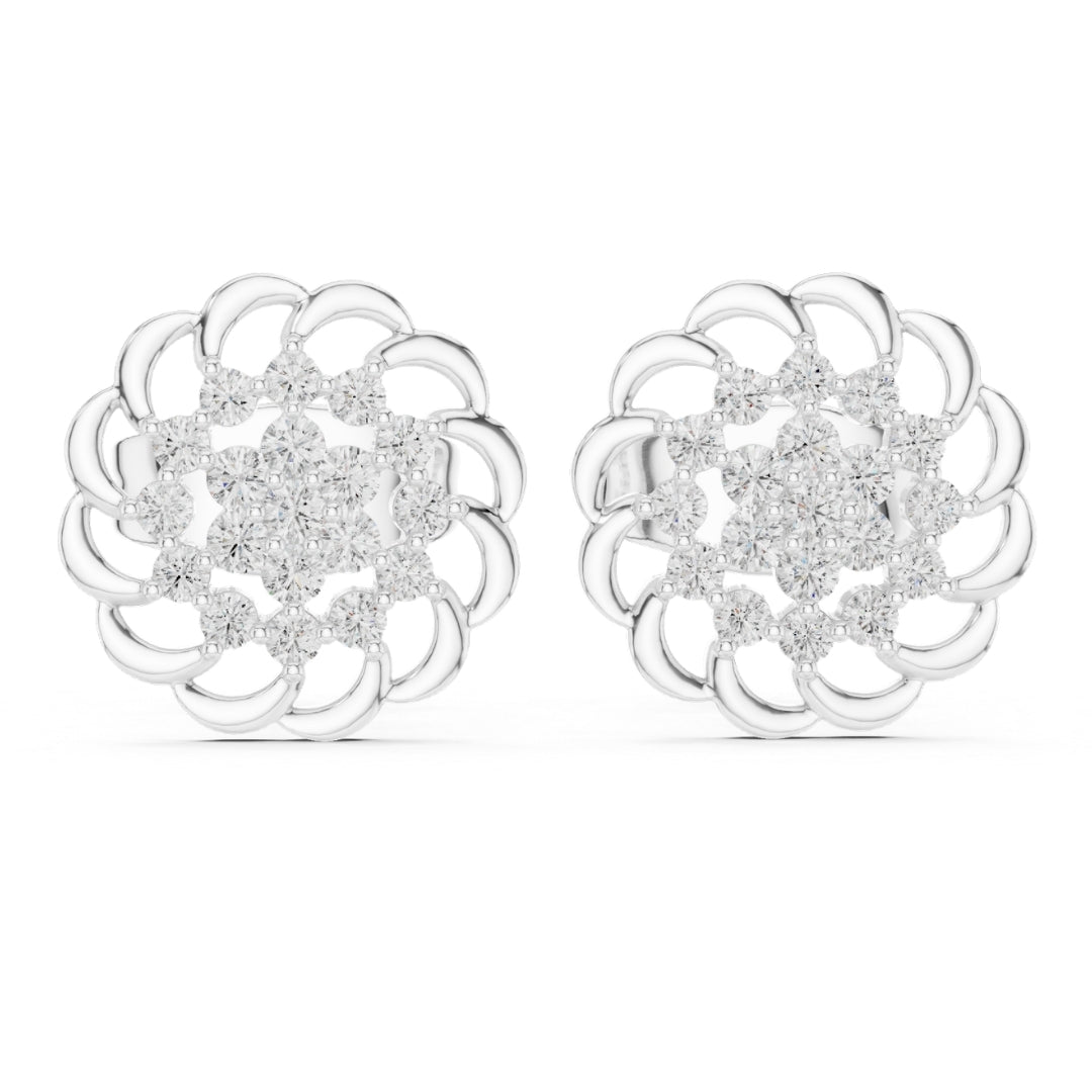 Pair of silver floral Moissanite earrings with clear gemstones on a white background