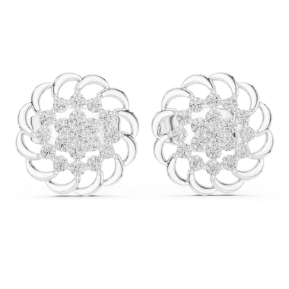 Pair of silver floral Moissanite earrings with clear gemstones on a white background