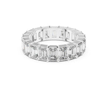 Load image into Gallery viewer, Diamond ring with emerald-cut Moissanite stones on a white background