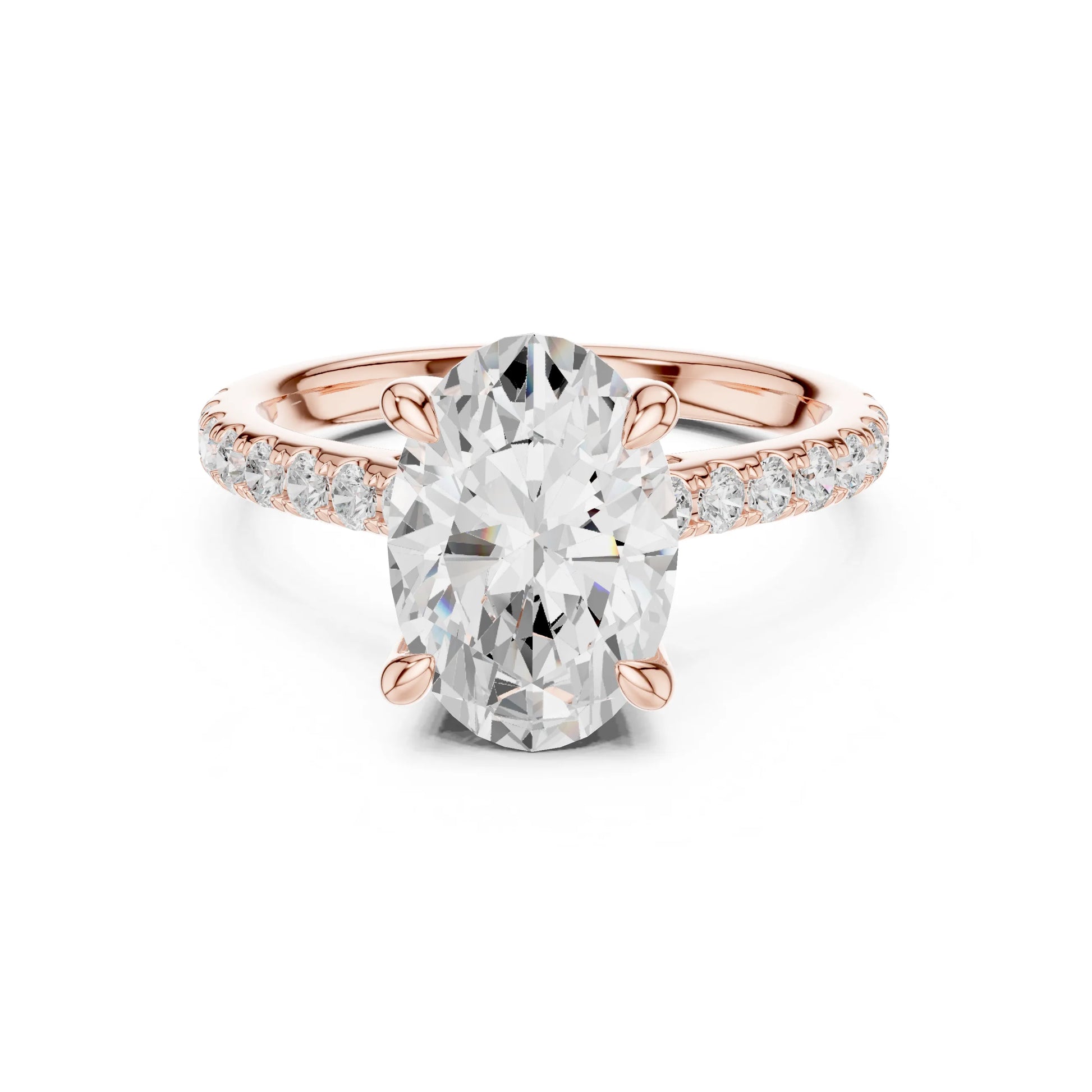 Rose gold ring with a large moissanite  diamond and smaller diamonds on the band against a white background