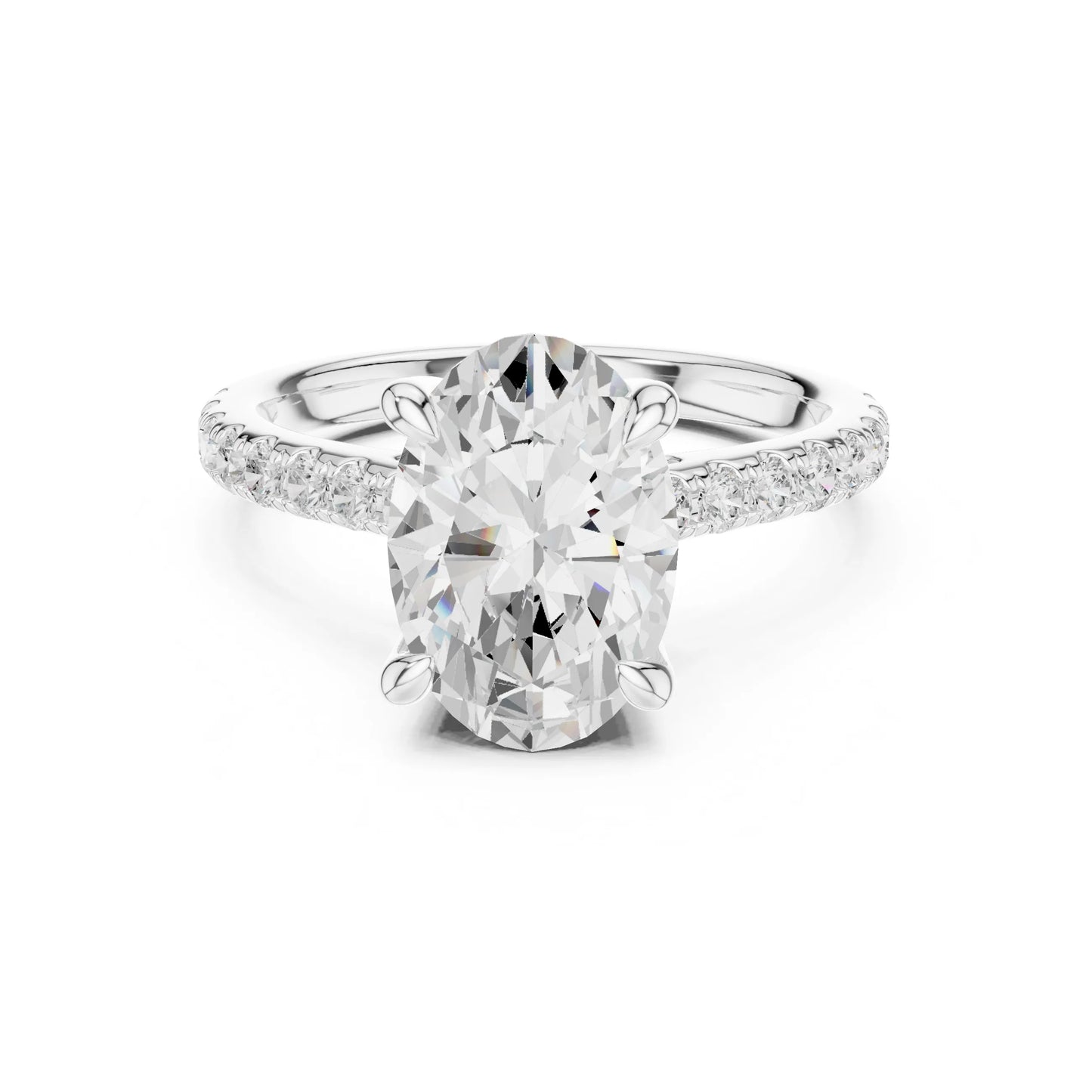 moissanite Diamond ring with a large central gemstone and smaller stones on the band against a white background