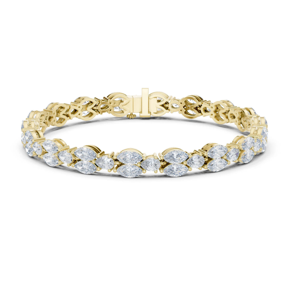 A yellow gold tennis bracelet featuring a continuous row of round-cut clear moissanite gemstones in a prong setting, displayed on a clean white background.
