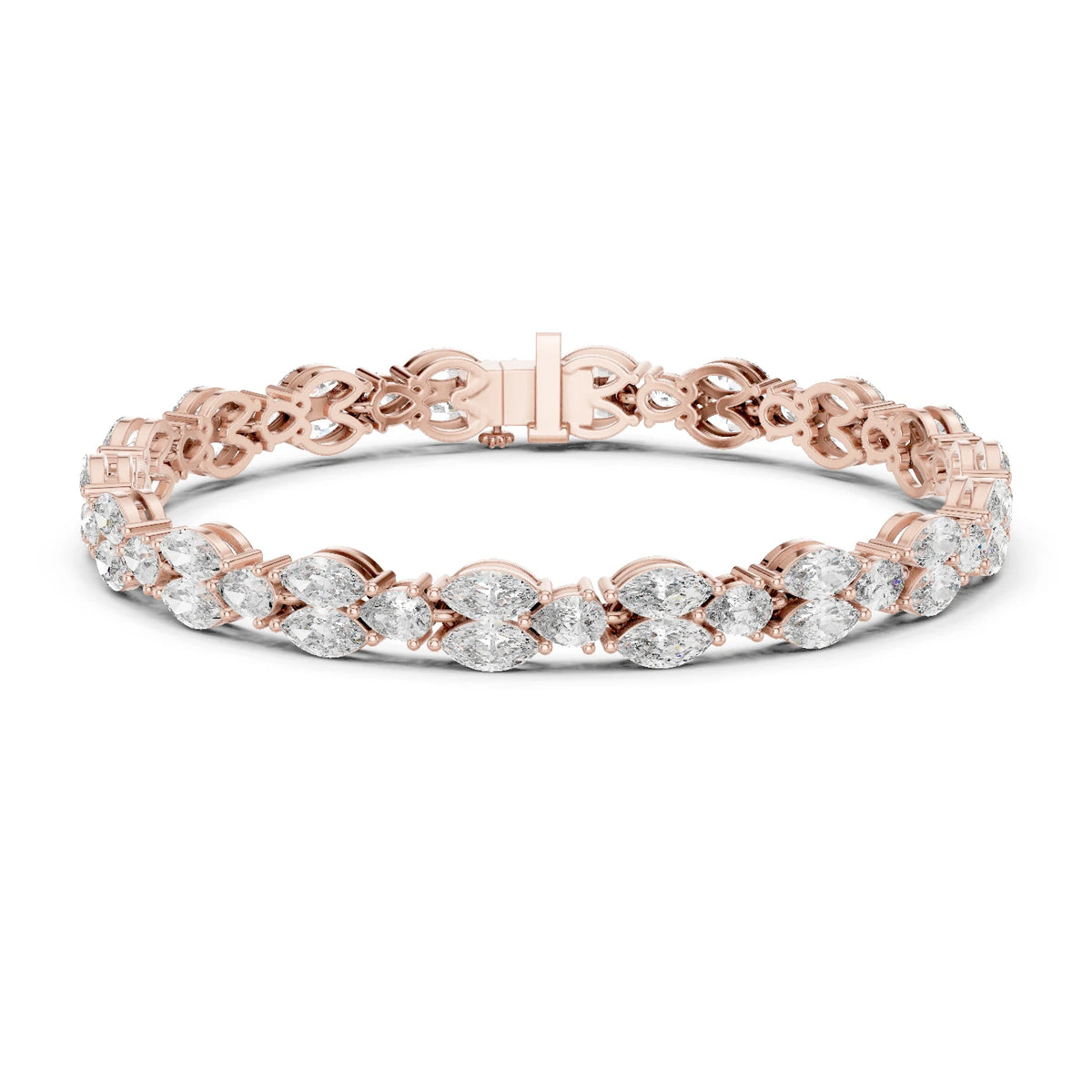Rose gold bracelet with moissanite diamonds on a white background