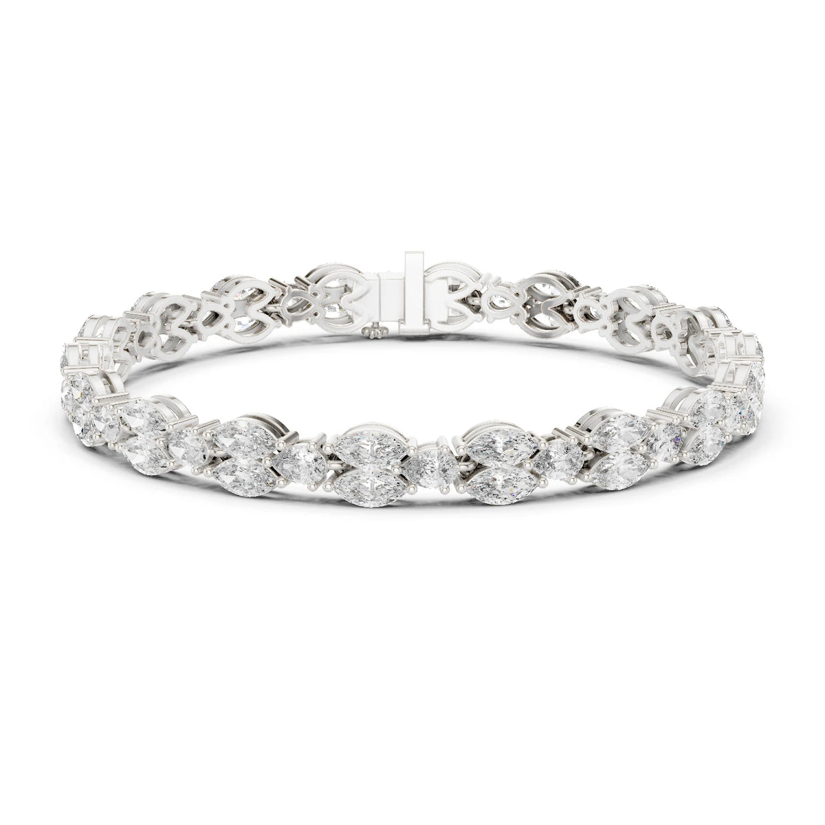Silver bracelet with clear moissanite gemstones on a white background