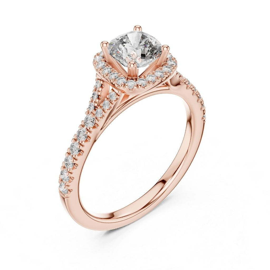 Rose gold ring with a large moissanite diamond and smaller diamonds on a white background