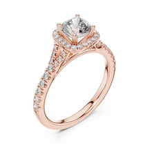 Load image into Gallery viewer, Rose gold ring with a large moissanite diamond and smaller diamonds on a white background