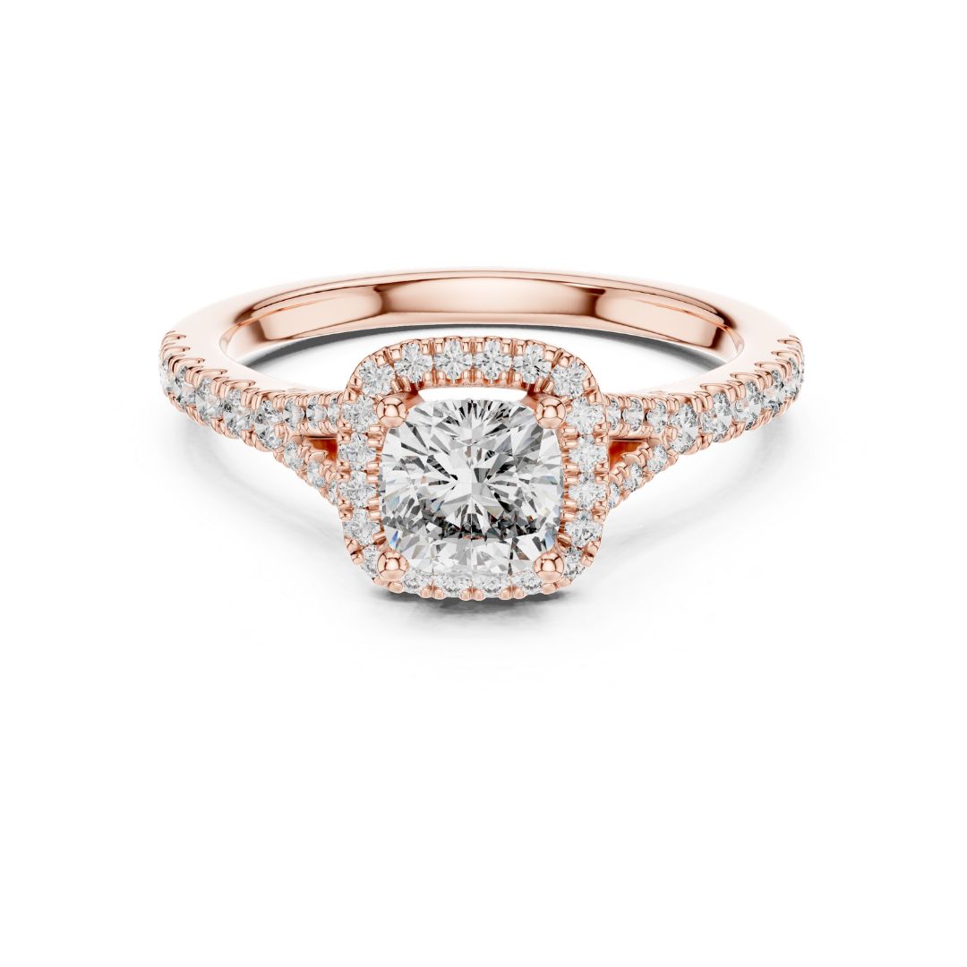 Rose gold ring with a moissanite  diamond on a white background