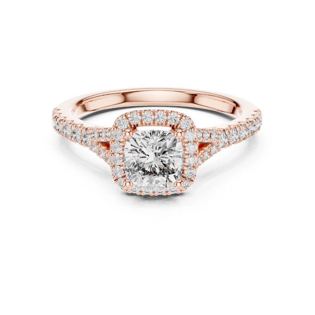 Rose gold ring with a moissanite  diamond on a white background