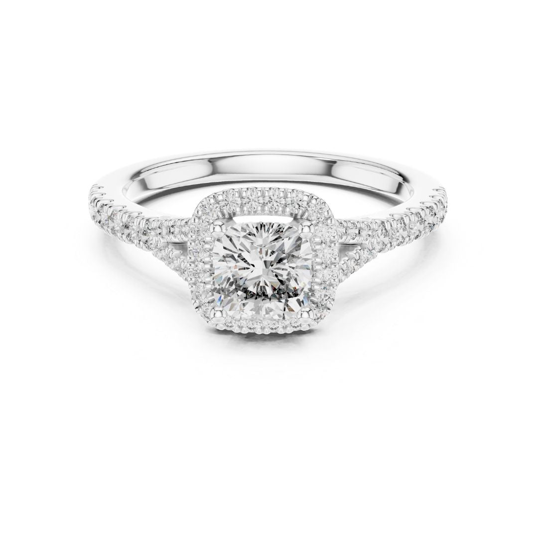 moissanite Diamond ring with a white gold band on a white background