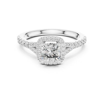 moissanite Diamond ring with a white gold band on a white background
