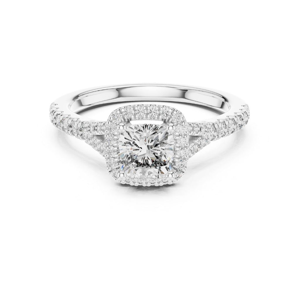 moissanite Diamond ring with a white gold band on a white background