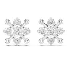 Load image into Gallery viewer, Snowflake-shaped silver earrings with clear moissanite gemstones on a white background