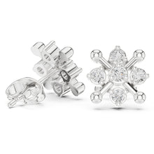 Load image into Gallery viewer, Silver snowflake-shaped earrings with clear moissanite gemstones on a white background
