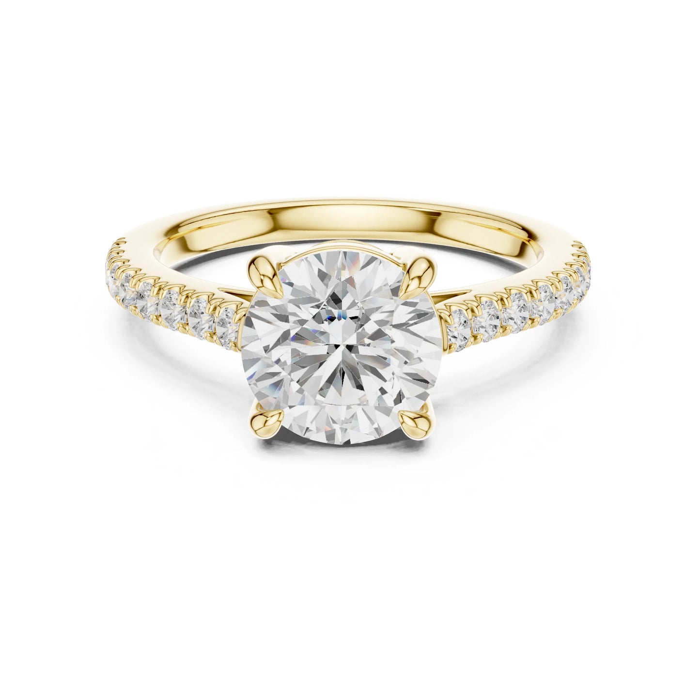 Gold ring with a large moissanite diamond and smaller diamonds on the band against a white background