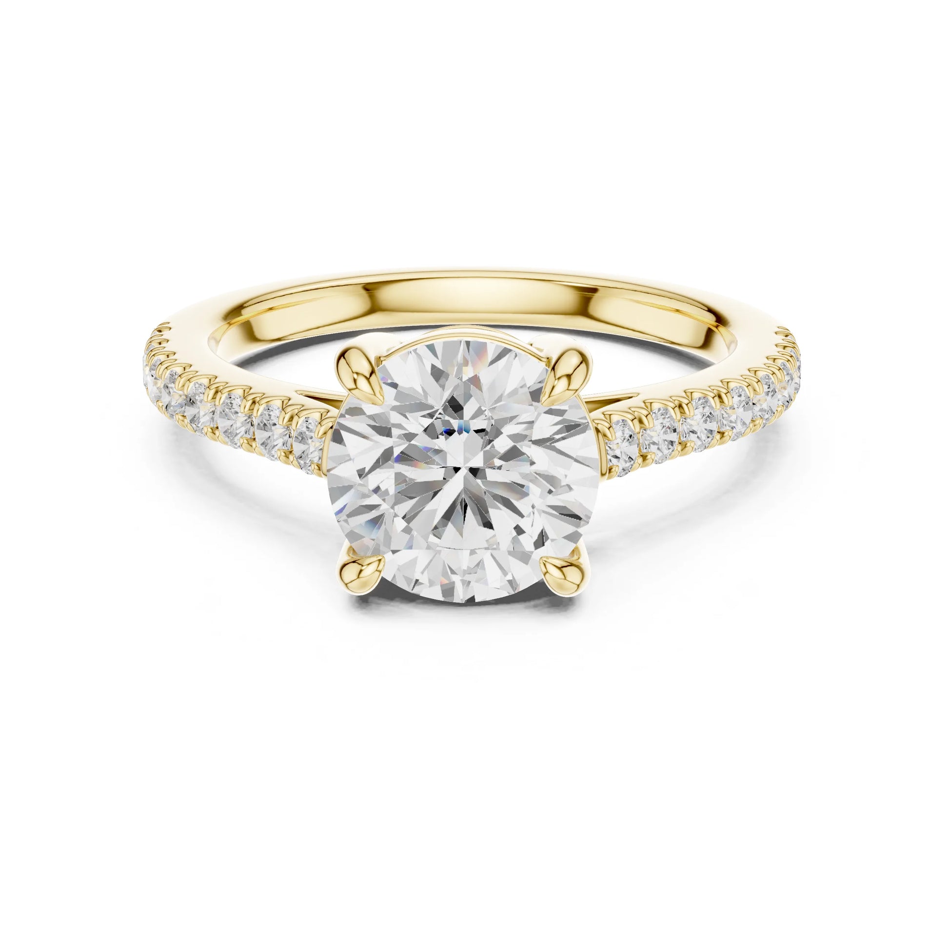 Gold ring with a large moissanite diamond and smaller diamonds on the band against a white background
