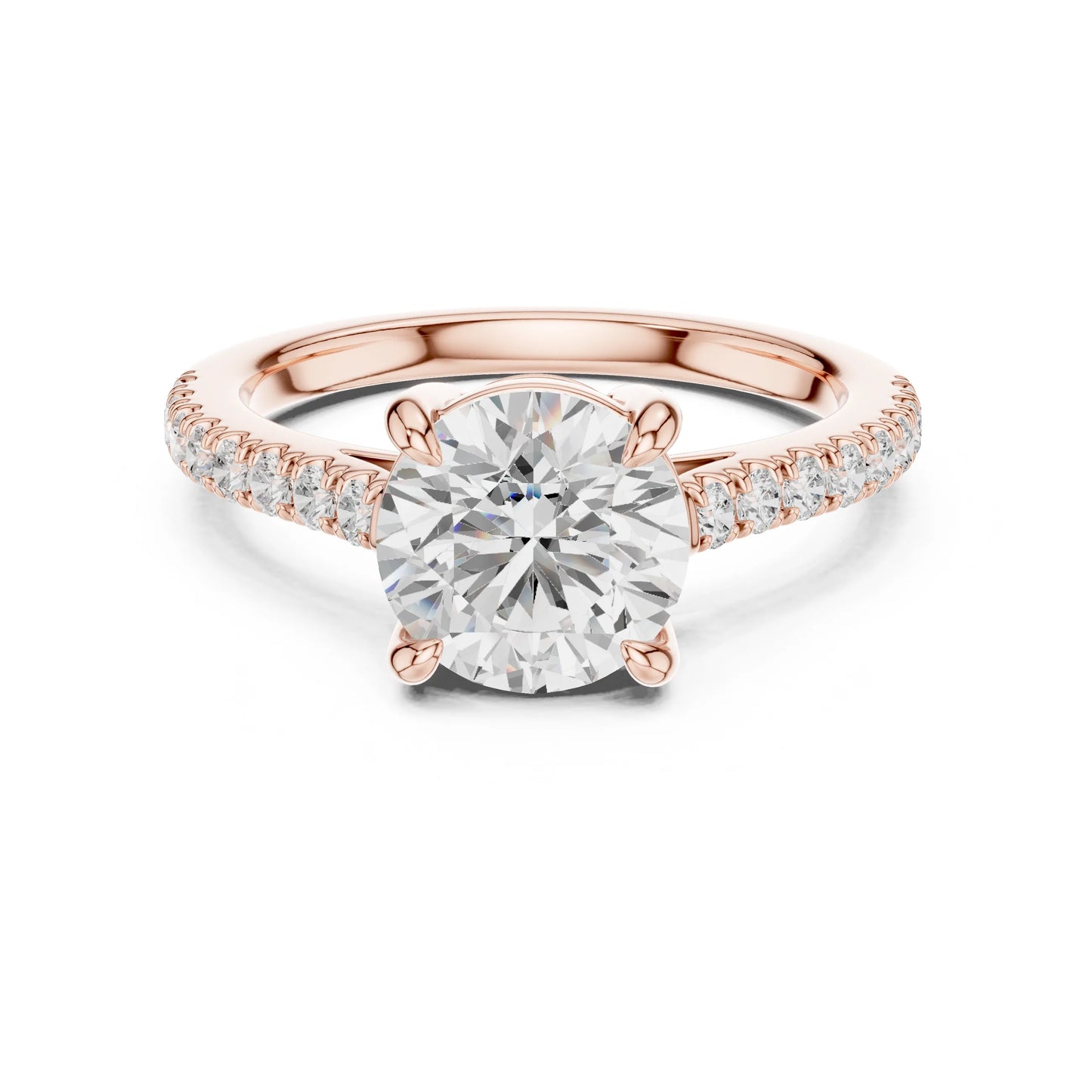 Rose gold ring with a large moissanite diamond and smaller diamonds on the band against a white background