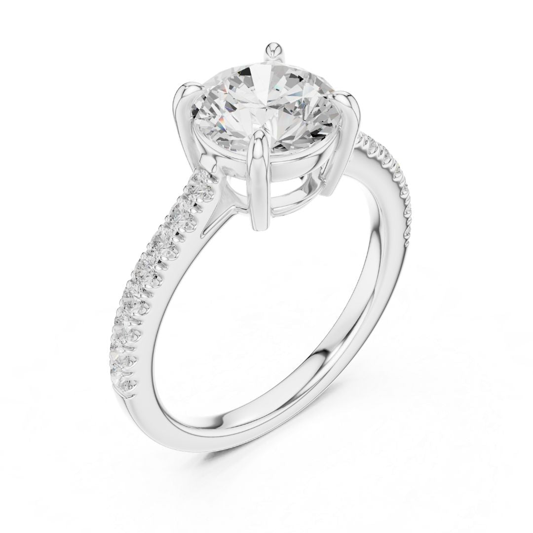 moissanite Diamond ring with a large central gemstone and smaller stones on the band against a white background
